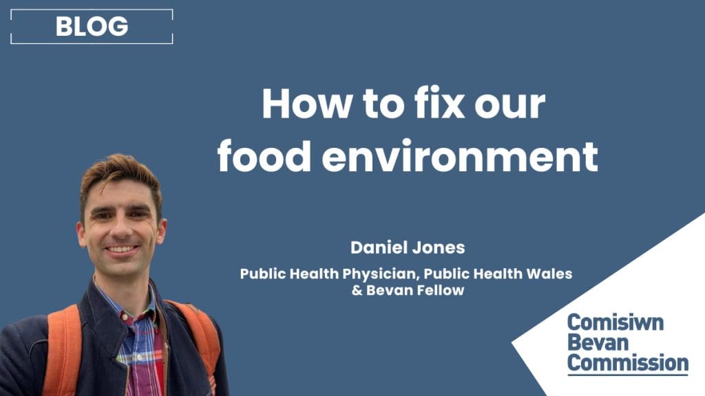 Graphic with the blog title, 'How to fix our environment and the author's name, job title and role, Daniel Jones, Public Health Physician, Public Health Wales & Bevan Fellow