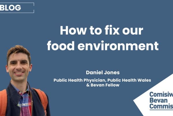 Graphic with the blog title, 'How to fix our environment and the author's name, job title and role, Daniel Jones, Public Health Physician, Public Health Wales & Bevan Fellow
